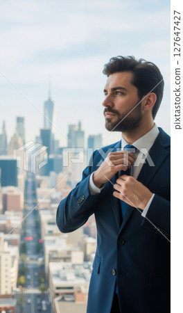 Man adjusting tie with skyscrapers in background. 127647427