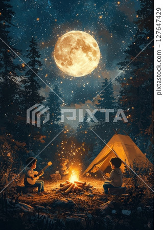 Children Gathering Around a Campfire Under a Starry Golden Moonlit Night 127647429