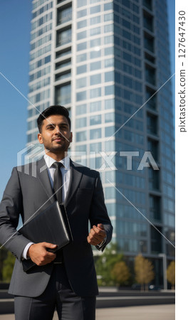 Businessman walking outside office building with phone. 127647430