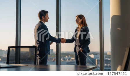 Business professionals shaking hands in glass office. 127647431
