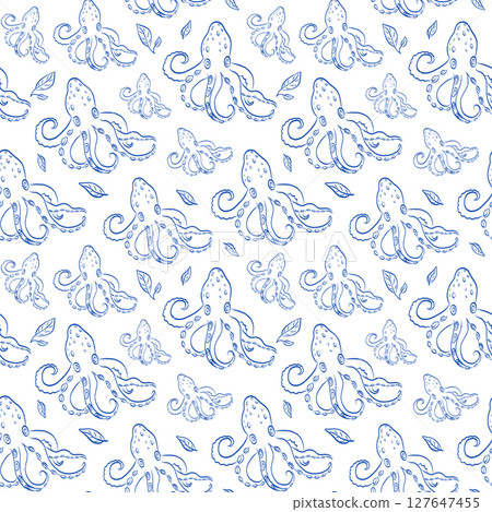 Octopus seamless Pattern in Beautiful Shades of Blue and White Tones 127647455