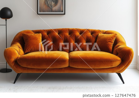 Contemporary living room with orange velvet sofa and modern decor accents 127647476