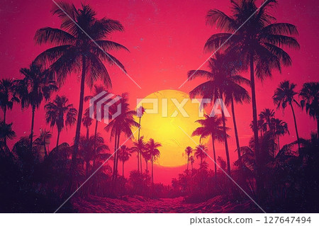 Tropical sunset scene with bold colors and palm trees silhouetted 127647494