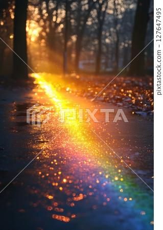 Sunlit forest pathway with a colorful rainbow reflection 127647495