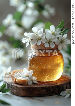 Glass jar of honey with delicate flowers on a rustic wooden surface Glass jar of honey with delicate flowers on a rustic wooden surface 127647496