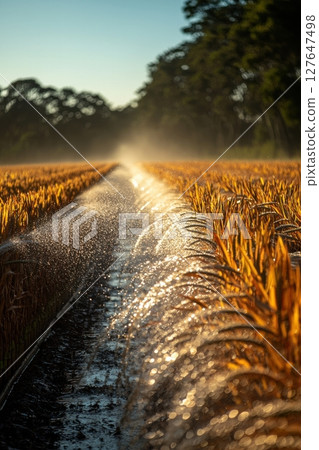Golden field with sprinkler irrigation in warm sunset light 127647498