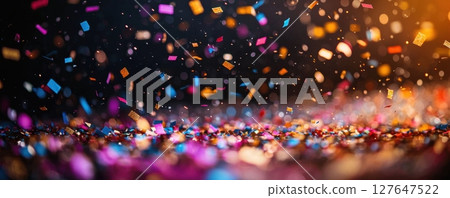 Colorful confetti flying against a dark background with festive bokeh lights 127647522