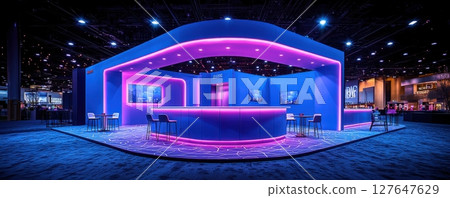 Modern illuminated trade booth with vibrant neon lighting and seating arrangement Modern illuminated trade booth with vibrant neon lighting and seating arrangement 127647629