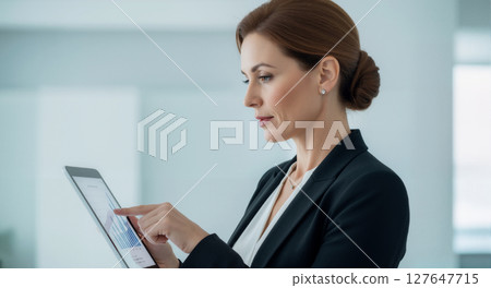 Woman using tablet in a bright modern office space. Woman using tablet in a bright modern office space. 127647715