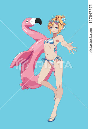 Anime Girl with Pink Flamingo Float on Blue Background Anime Girl with Pink Flamingo Float on Blue Background 127647775