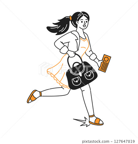 Cheerful Woman Running Illustration with Bag Cheerful Woman Running Illustration with Bag 127647819