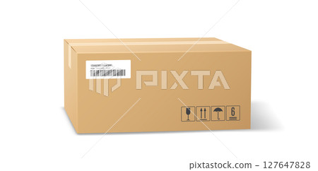 Cardboard Shipping Box with Barcode and Symbols 127647828