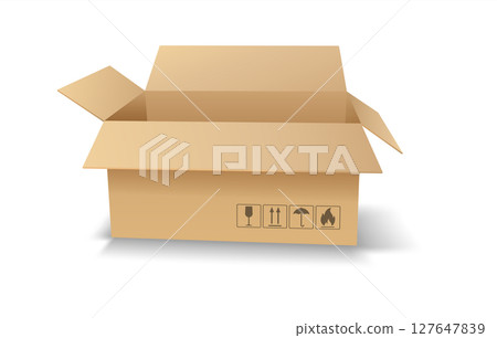 Open cardboard box with safety symbols Open cardboard box with safety symbols 127647839