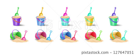 Colorful Sand Buckets and Shovels on White Background Colorful Sand Buckets and Shovels on White Background 127647851