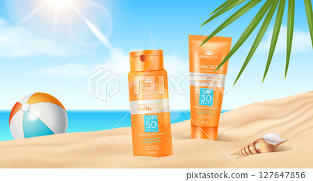 Sunscreen Bottles on Sunny Beach Sunscreen Bottles on Sunny Beach 127647856