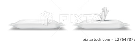 Two packages of white wet wipes on plain background 127647872