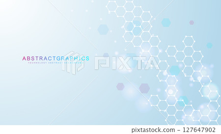 Modern scientific background with hexagons, lines and dots. Wave flow abstract background. Molecular structure for medical, technology, chemistry, science. Vector illustration Modern scientific background with hexagons, lines and dots. Wave flow abstract background. Molecular structure for medical, technology, chemistry, science. Vector illustration 127647902