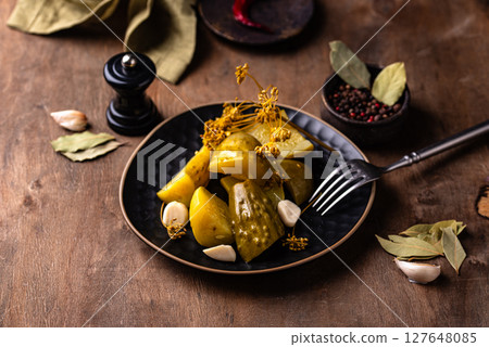 Bowl of pickled marinated cucumbers Bowl of pickled marinated cucumbers 127648085