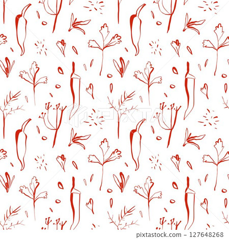 Seamless red herb and chili pattern on white background in minimal hand drawn style for kitchen cards packaging and wall decor Seamless red herb and chili pattern on white background in minimal hand drawn style for kitchen cards packaging and wall decor 127648268