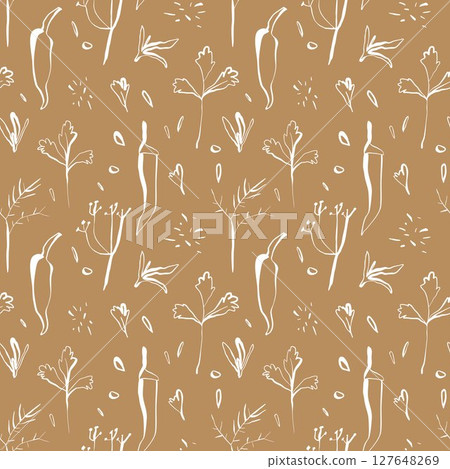 Seamless spice pattern with chili peppers and herbs on warm brown background in hand drawn minimal linear style 127648269