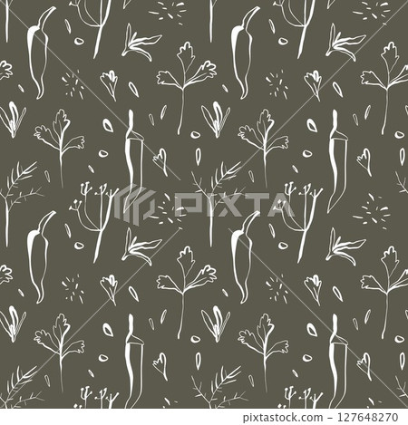 Seamless herb and chili pattern on deep green background in hand drawn minimal linear style for packaging and kitchen decor 127648270