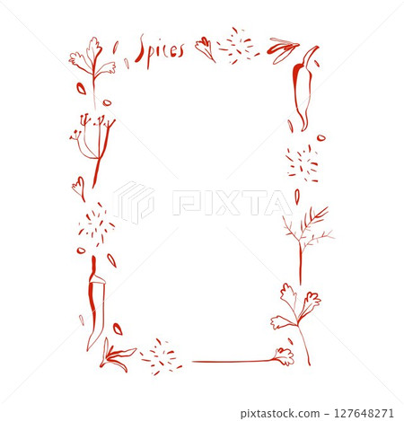 Frame with chili pepper parsley dill and herbs in minimal linear style for kitchen print recipe cards and food packaging Frame with chili pepper parsley dill and herbs in minimal linear style for kitchen print recipe cards and food packaging 127648271
