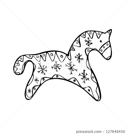 Scandinavian style wooden toy horse with traditional patterns black and white vector illustration. Home kid decor for Christmas tree decoration, Nordic holiday branding, nostalgic festive design. Scandinavian style wooden toy horse with traditional patterns black and white vector illustration. Home kid decor for Christmas tree decoration, Nordic holiday branding, nostalgic festive design. 127648430