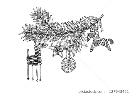 Wicker reindeer figurine black and white vector illustration. Scandinavian Yule traditions. Xmas deer, wooden animal graphic sketch for Nordic holiday decor, nature festive design Wicker reindeer figurine black and white vector illustration. Scandinavian Yule traditions. Xmas deer, wooden animal graphic sketch for Nordic holiday decor, nature festive design 127648431