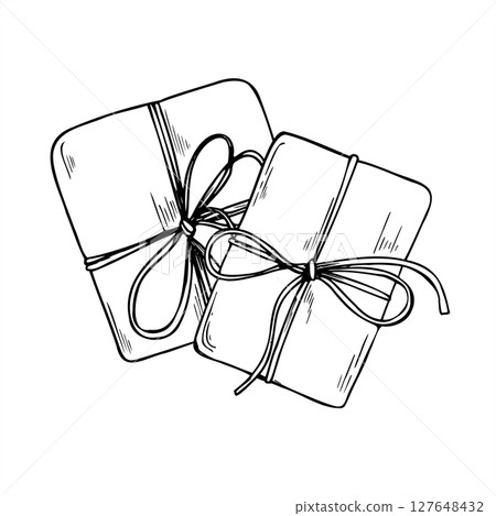 Vector illustration of two gift boxes tied with twine, top view. Christmas or birthday presents in paper etching drawing for holiday branding, packaging design, cozy rustic projects. 127648432