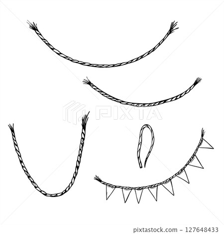 Vector set of twine ropes and bunting flags for festive garlands painted by black inks. Monochrome strings for holiday decorations, DIY craft projects, rustic wedding decor, birthday design. 127648433