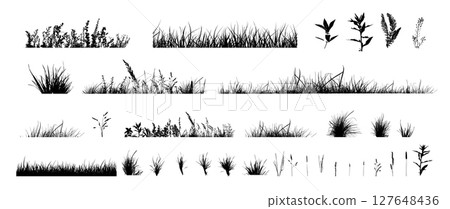 Set of horizontal banners of meadow silhouettes with grass. hand drawn. Not AI, Vector illustration 127648436