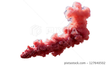 Dramatic red and white smoke cloud billowing against a seamless white background 127648502