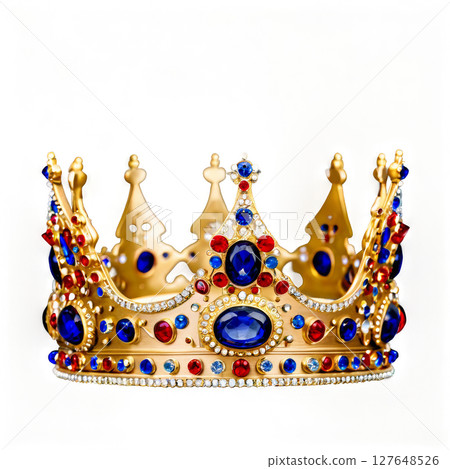 A detailed close-up of a royal crown adorned with sapphires and intricate silver patterns 127648526