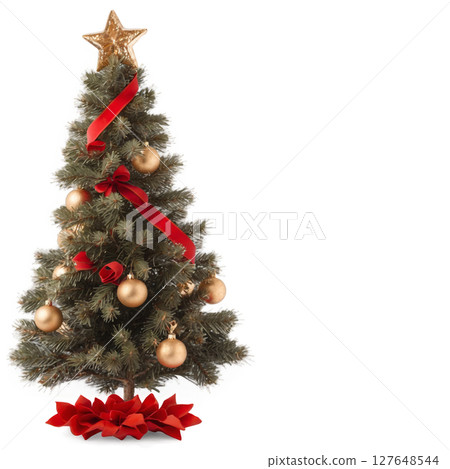 Festive Christmas tree adorned with gold ornaments and red ribbons in a cozy living room setting Festive Christmas tree adorned with gold ornaments and red ribbons in a cozy living room setting 127648544