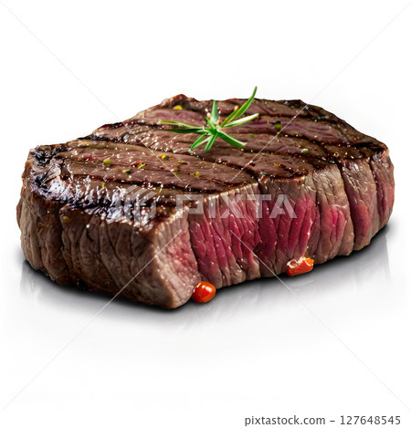 Freshly cut beef steak garnished with herbs on a clean white background 127648545