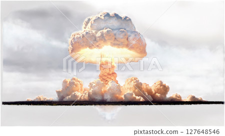 Nuclear explosion cloud rises over barren landscape on a clear day in a remote location Nuclear explosion cloud rises over barren landscape on a clear day in a remote location 127648546