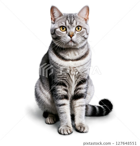 A silver tabby cat with striking yellow eyes poses gracefully against a white background A silver tabby cat with striking yellow eyes poses gracefully against a white background 127648551