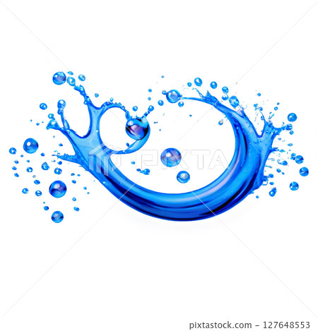 Dynamic splash of blue water creating a circular shape with droplets in a white background 127648553