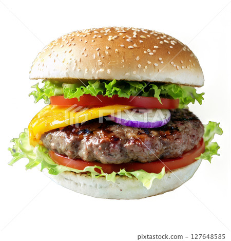 Delicious hamburger with fresh lettuce and tomatoes served on a sesame seed bun 127648585