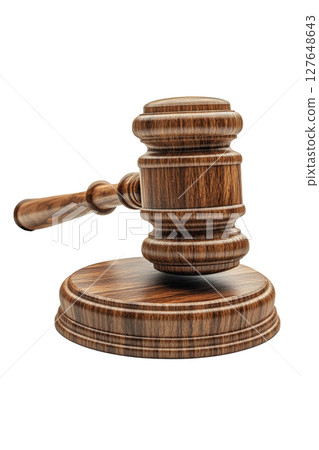 Elegant wooden gavel resting on a smooth white surface suitable for legal proceedings 127648643