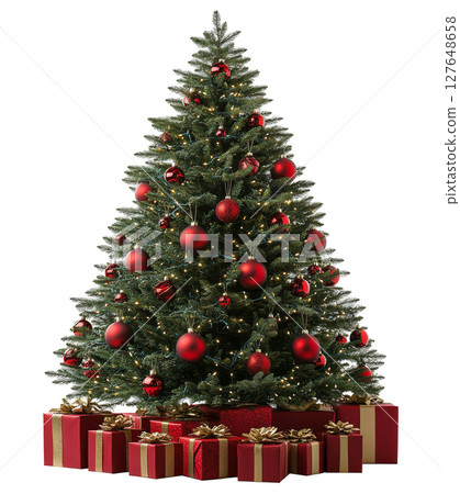 Festive Christmas tree decorated with red ornaments and surrounded by beautifully wrapped gifts 127648658