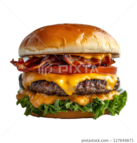A classic cheeseburger with bacon, lettuce, tomato, and special sauce on a toasted bun 127648671