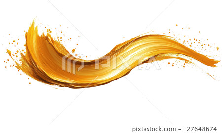 Golden paint stroke on a white background demonstrating texture and artistic expression 127648674