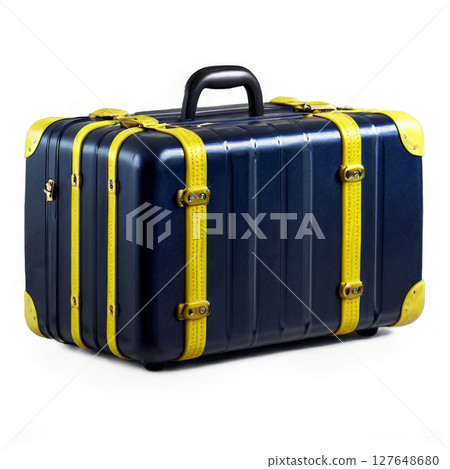 Stylish navy blue suitcase with yellow accents ready for travel in a modern urban setting 127648680