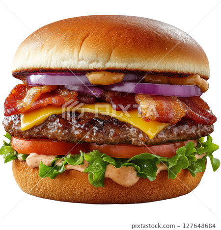 Juicy grilled burger with bacon, cheese, and fresh vegetables on a toasted bun 127648684