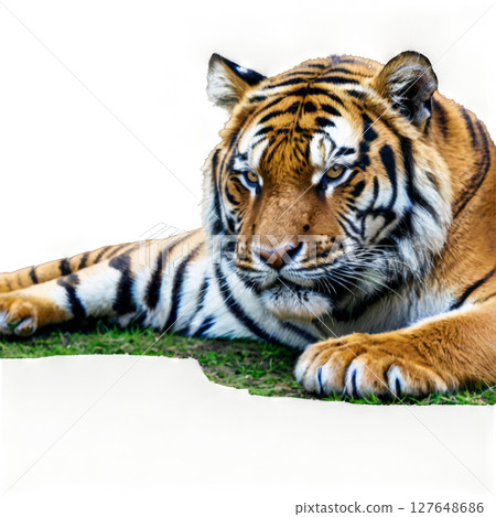 A majestic tiger resting gracefully on a white background showcasing its striking features 127648686