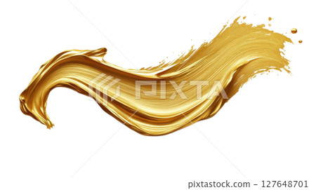 Golden paint stroke on white background, showcasing texture and shine in artistic expression 127648701