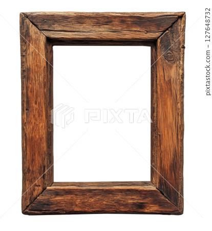 Rustic wooden frame resting on a dark wood background with varying grain patterns 127648732