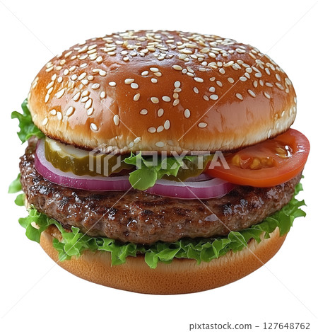 Juicy Sesame Seed Burger With Lettuce, Onion, Tomato, and Pickles on a Toasted Bun 127648762