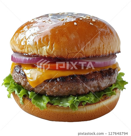 Juicy Cheeseburger Served With Fresh Lettuce, Tomato, and Onion on a Sesame Seed Bun for a Tasty Meal 127648794